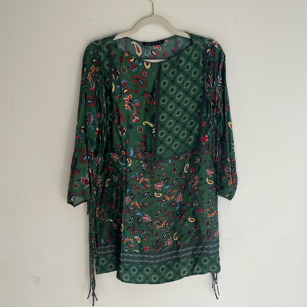 ZARA‎ Green Paisley Fringe Tunic Dress Size Small